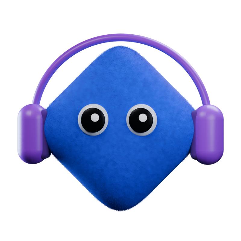 Dew: a rounded blue plush diamond wearing purple headphones, with bright ringed eyes.